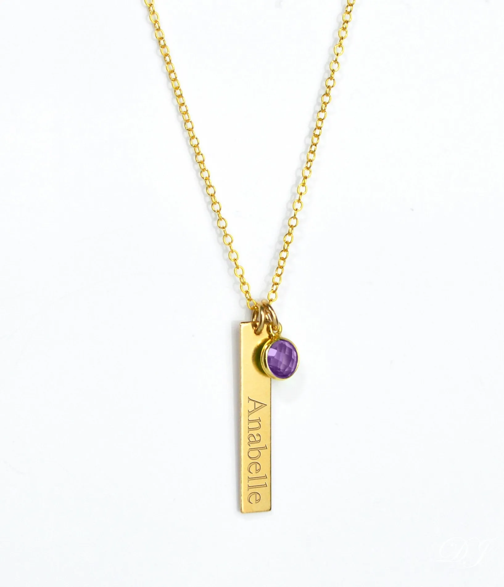 Engraved Bar Charm & Birthstone Necklace