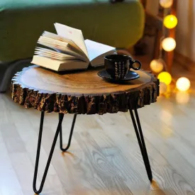 FANTASTIC STORE 9 Antique wooden End Table | Small Side Table | Corner Stool Plant Stand for Bedroom, Living Room Indoor and Outdoor tables (Black Metal Legs) Real Wood slice live Edge