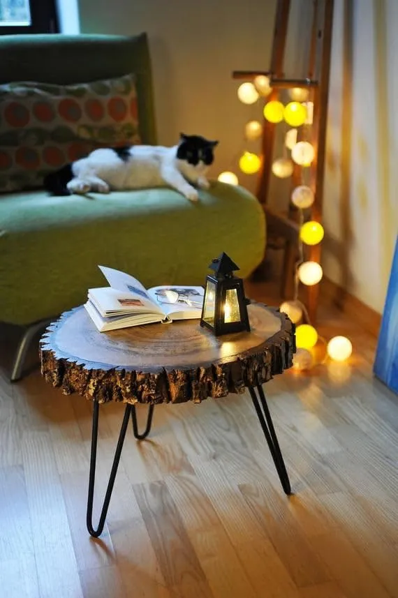 FANTASTIC STORE 9 Antique wooden End Table | Small Side Table | Corner Stool Plant Stand for Bedroom, Living Room Indoor and Outdoor tables (Black Metal Legs) Real Wood slice live Edge