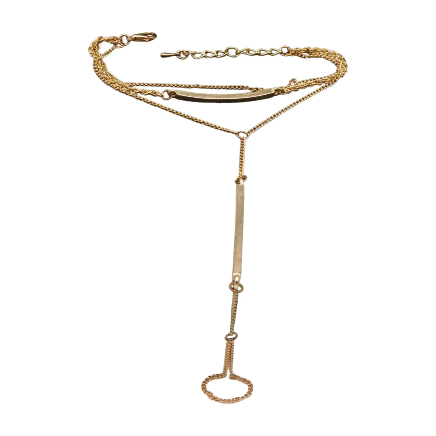 Gold Metal Hand Chain Bracelet Long Plate Connected Ring One Size