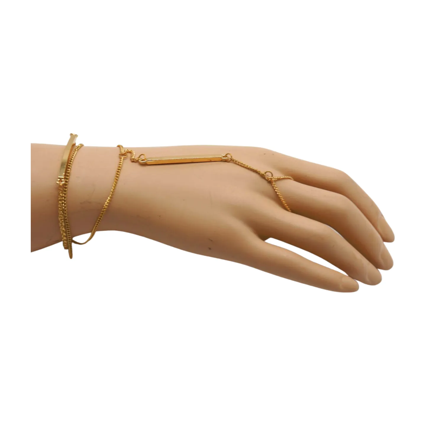 Gold Metal Hand Chain Bracelet Long Plate Connected Ring One Size