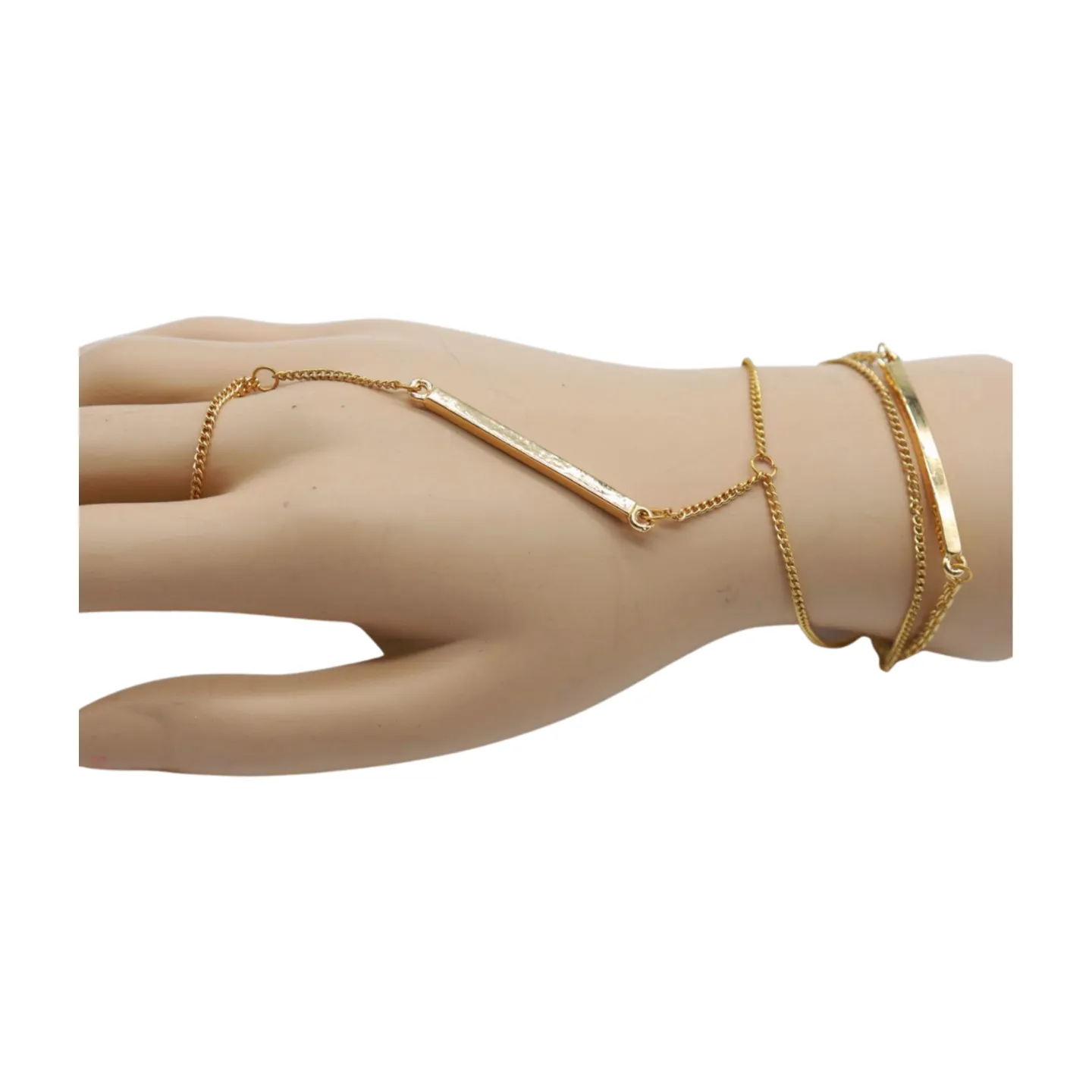 Gold Metal Hand Chain Bracelet Long Plate Connected Ring One Size
