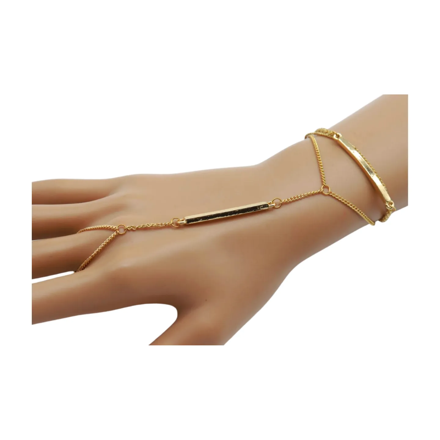 Gold Metal Hand Chain Bracelet Long Plate Connected Ring One Size