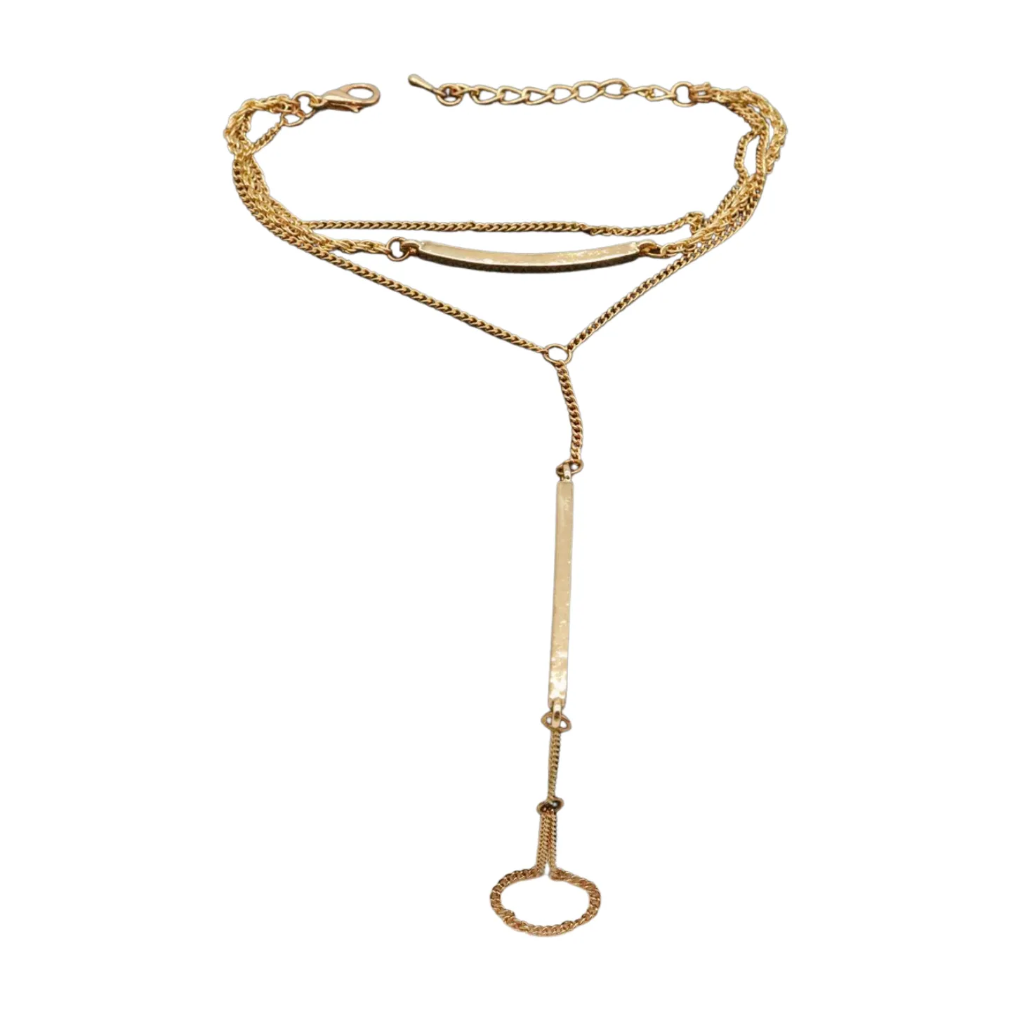 Gold Metal Hand Chain Bracelet Long Plate Connected Ring One Size