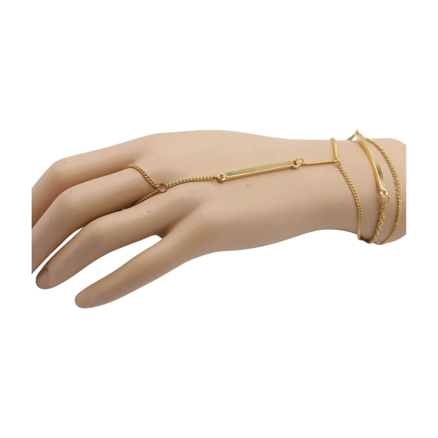 Gold Metal Hand Chain Bracelet Long Plate Connected Ring One Size
