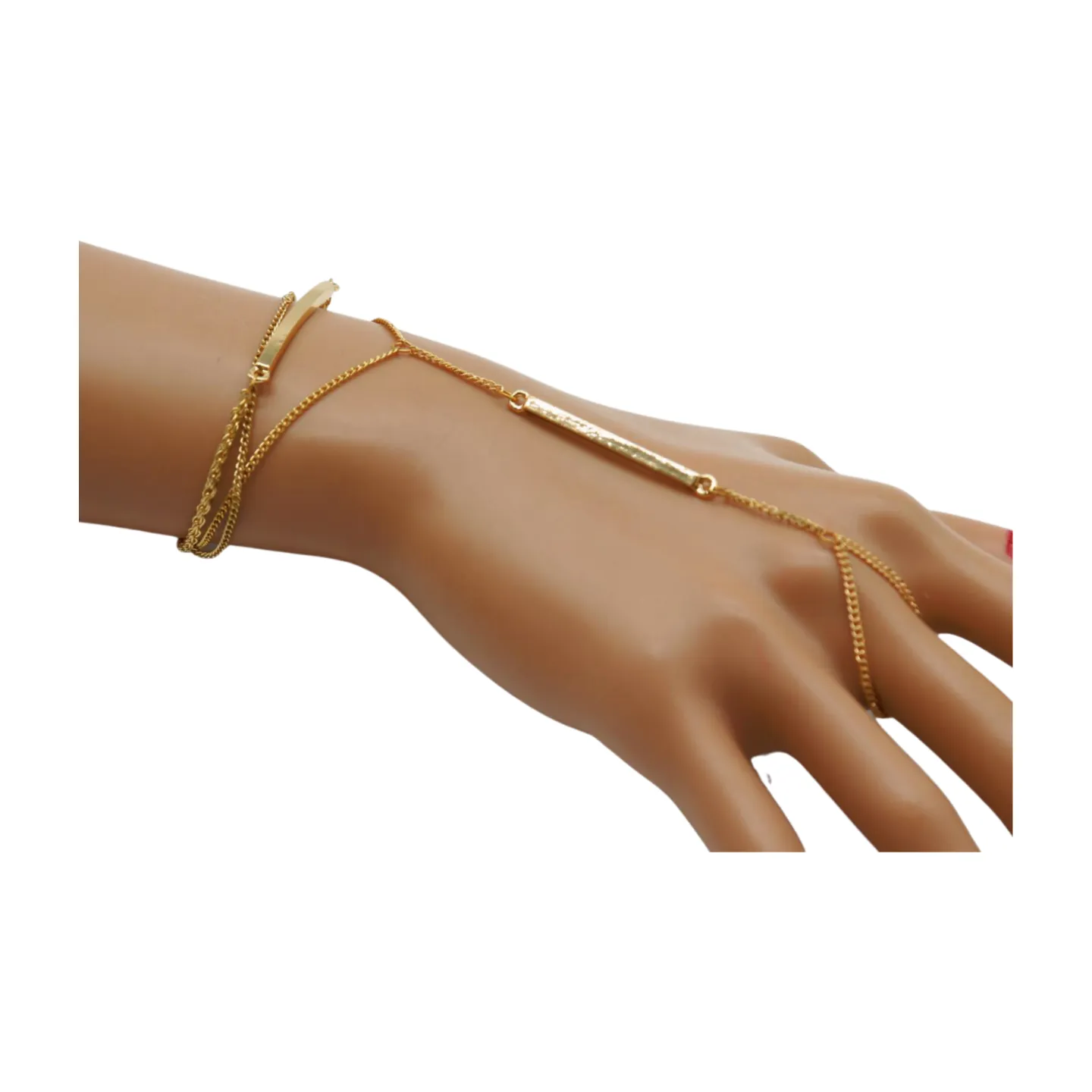 Gold Metal Hand Chain Bracelet Long Plate Connected Ring One Size