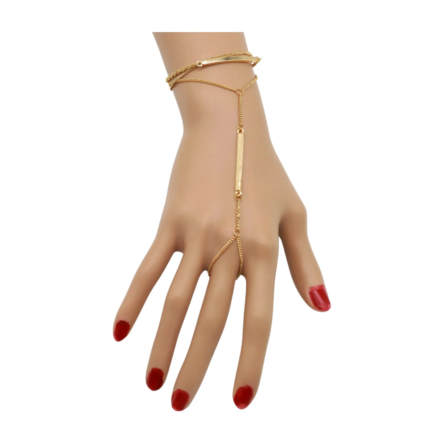 Gold Metal Hand Chain Bracelet Long Plate Connected Ring One Size