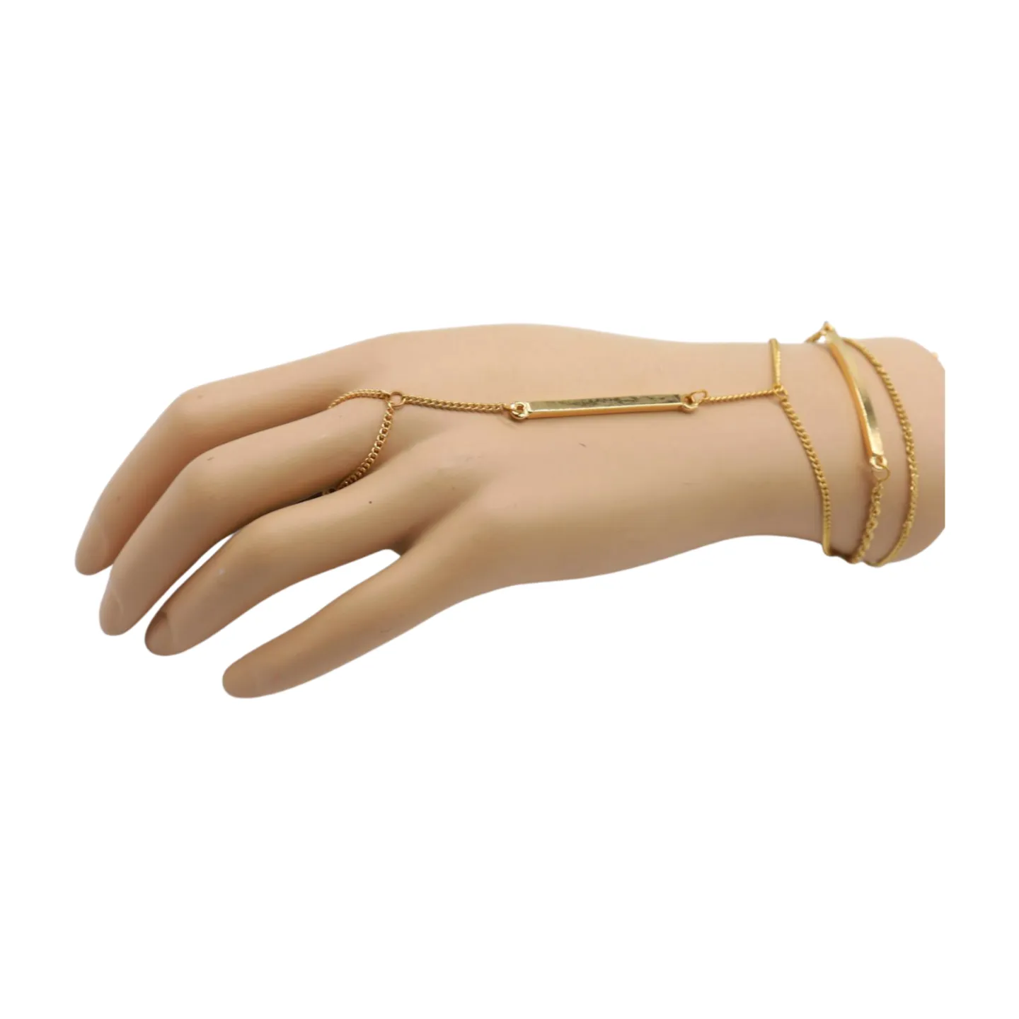 Gold Metal Hand Chain Bracelet Long Plate Connected Ring One Size