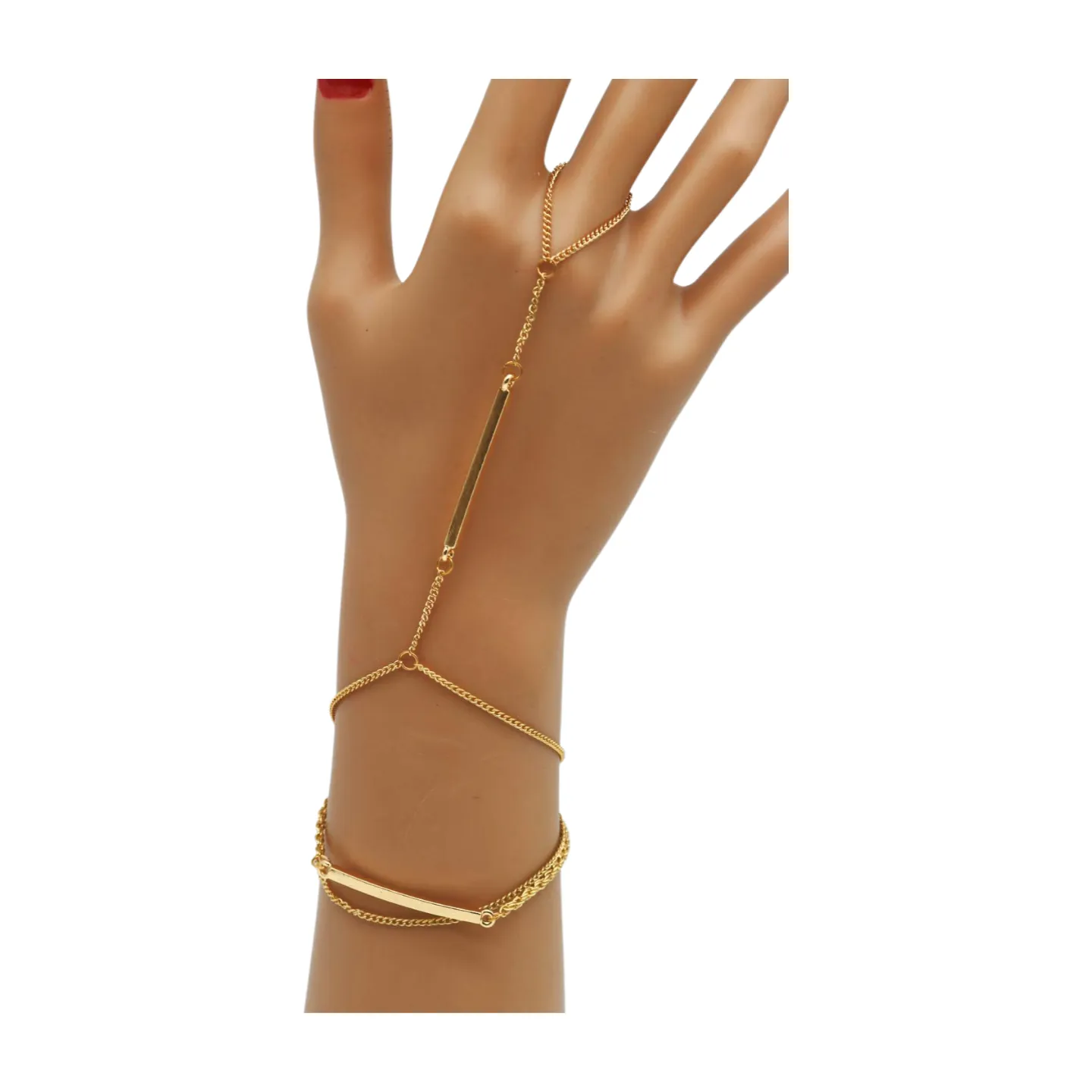 Gold Metal Hand Chain Bracelet Long Plate Connected Ring One Size