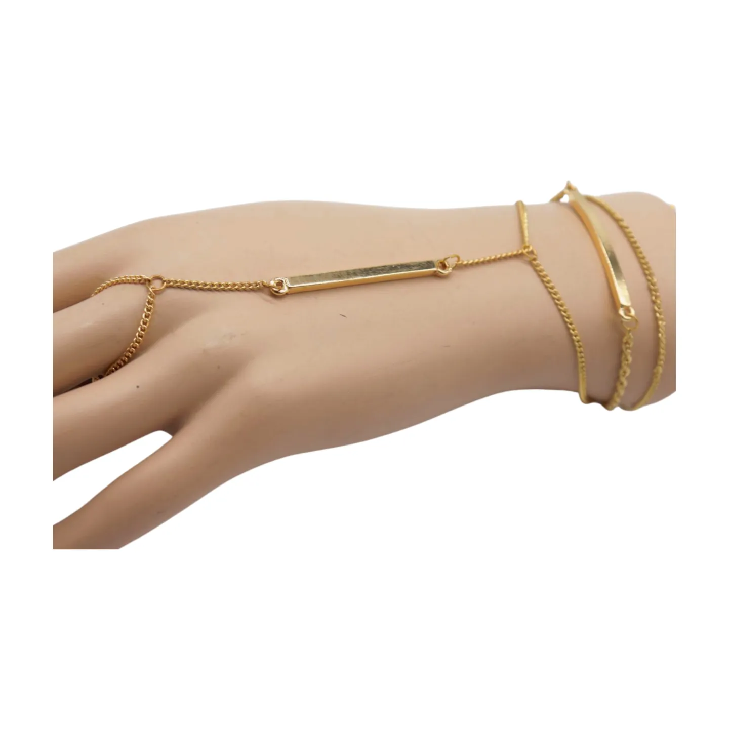 Gold Metal Hand Chain Bracelet Long Plate Connected Ring One Size