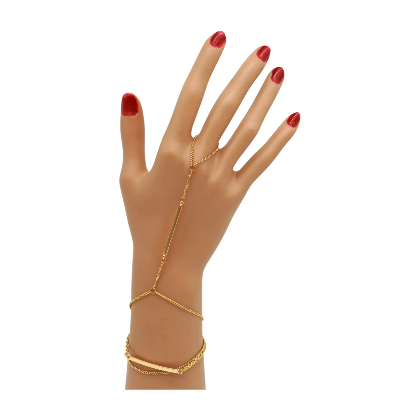 Gold Metal Hand Chain Bracelet Long Plate Connected Ring One Size