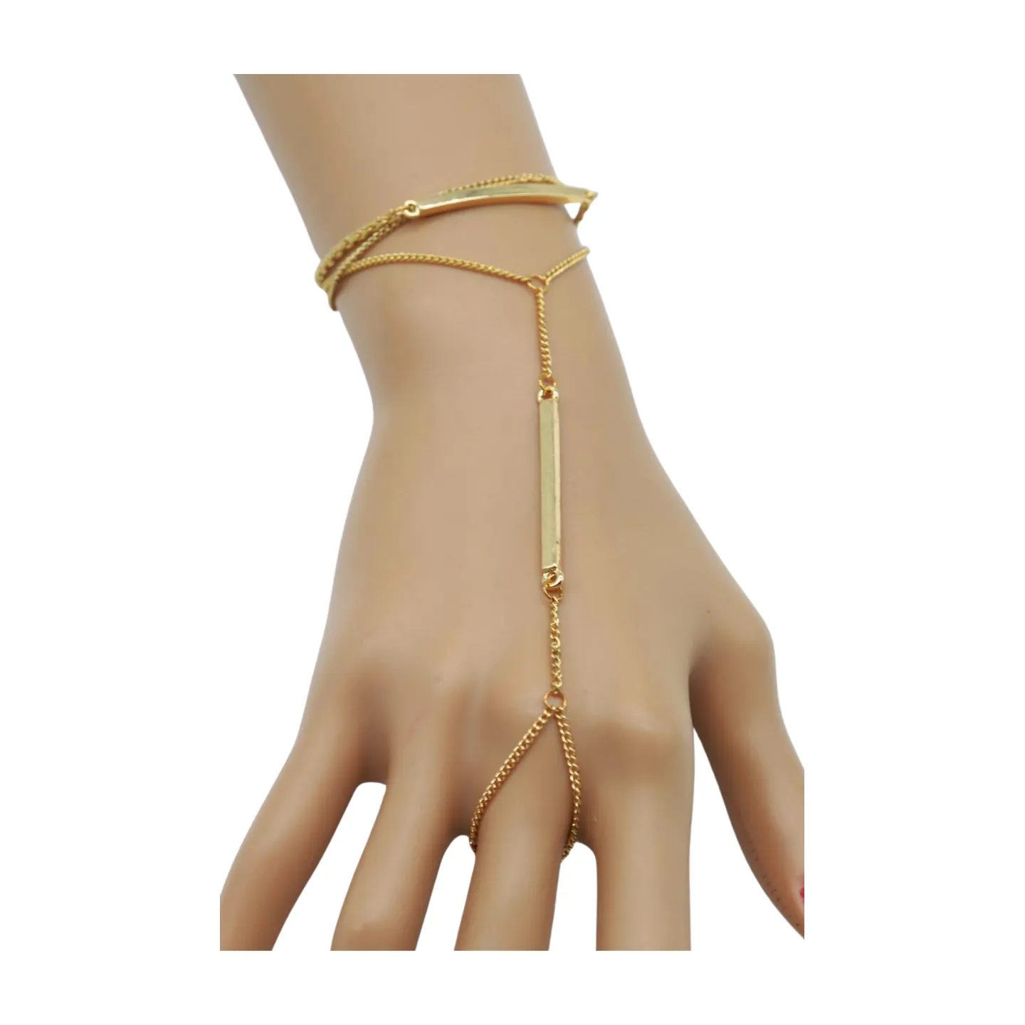 Gold Metal Hand Chain Bracelet Long Plate Connected Ring One Size