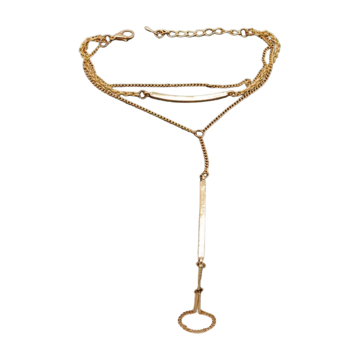 Gold Metal Hand Chain Bracelet Long Plate Connected Ring One Size