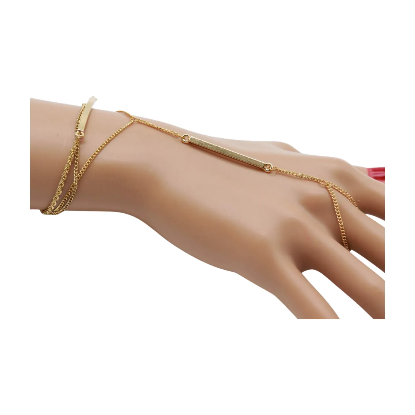 Gold Metal Hand Chain Bracelet Long Plate Connected Ring One Size
