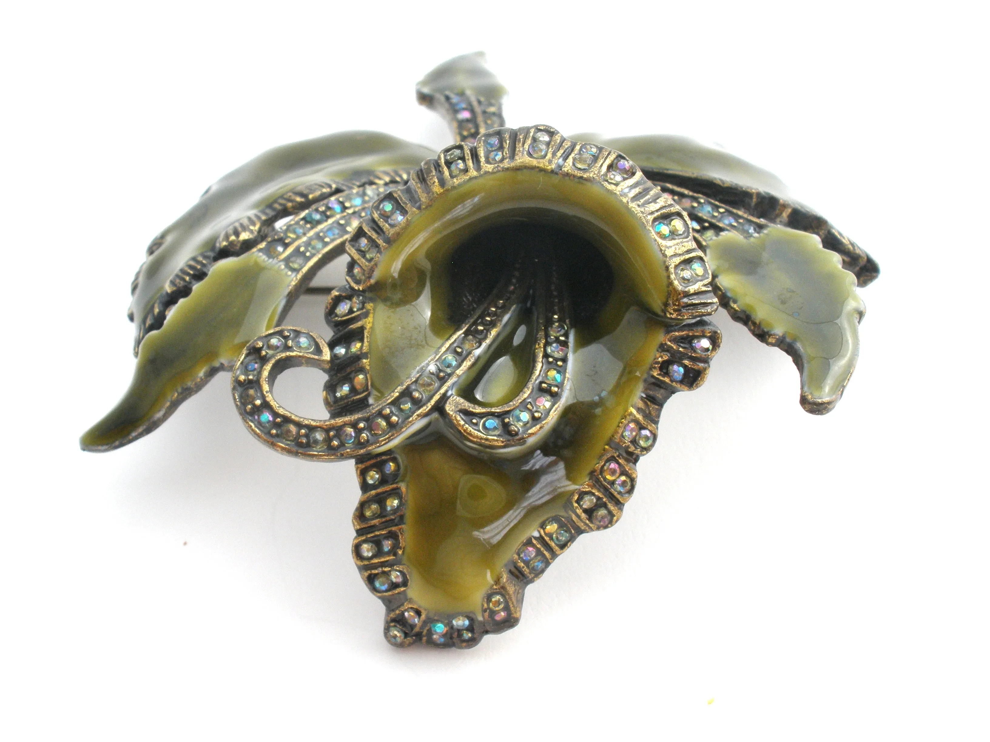 Green Enamel & Rhinestone Orchid Brooch Laila Rowe