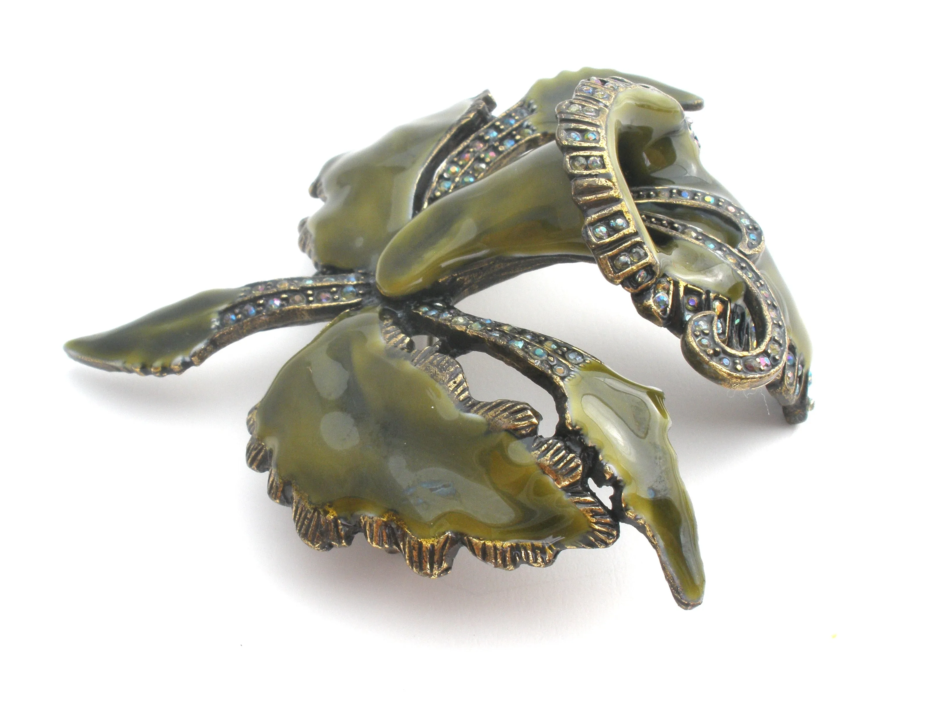 Green Enamel & Rhinestone Orchid Brooch Laila Rowe