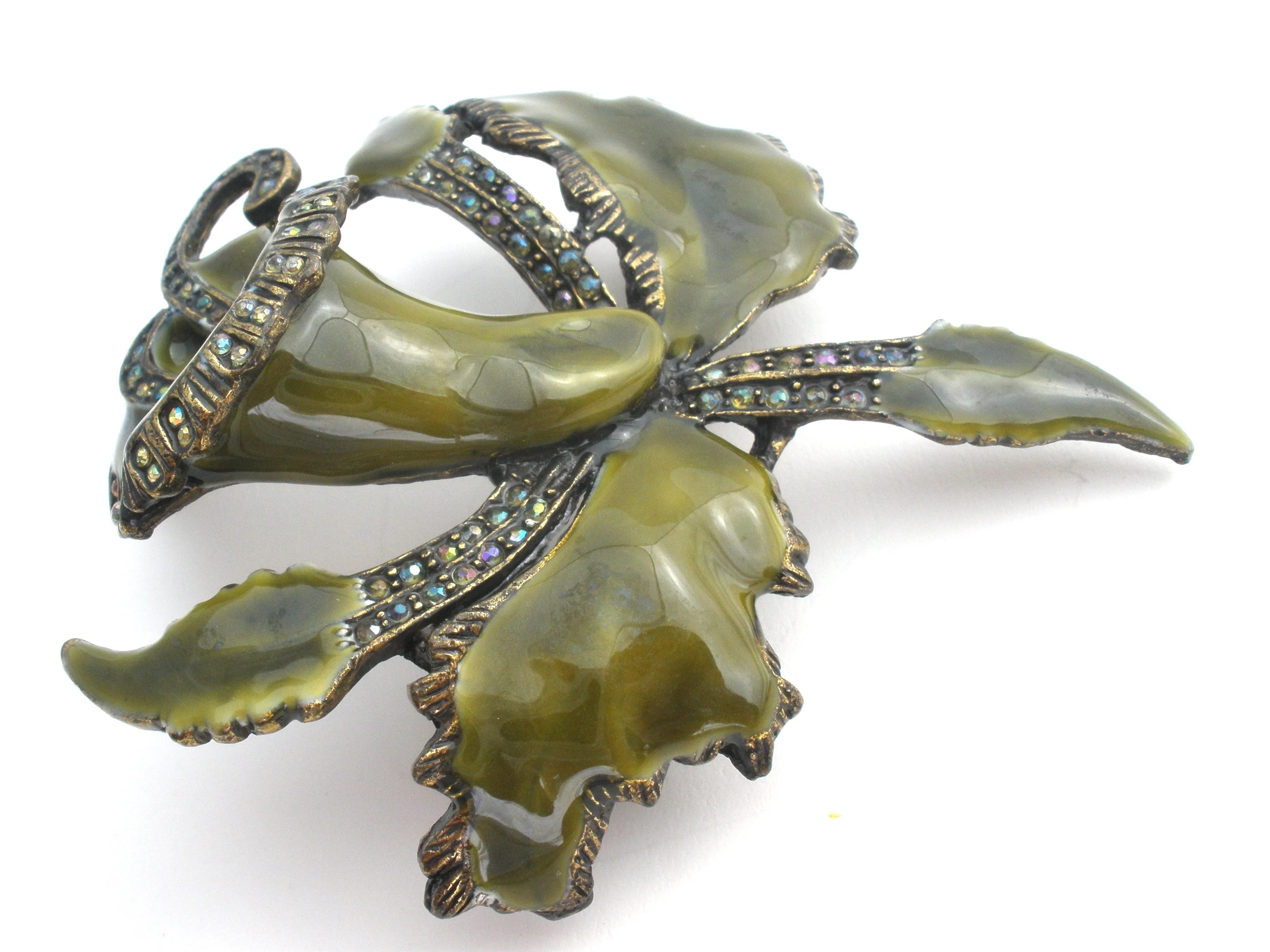 Green Enamel & Rhinestone Orchid Brooch Laila Rowe