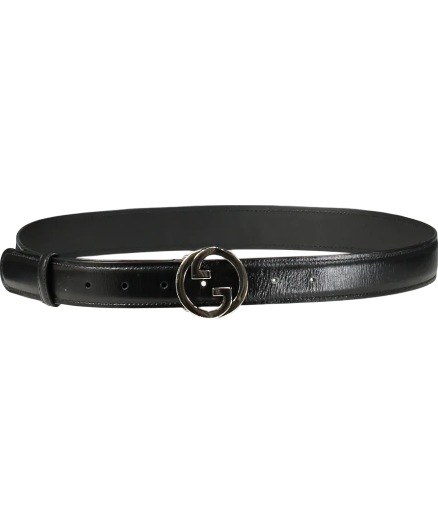 Gucci Black / Silver Blondie Interlocking Gg Leather Logo Belt Sz 90cm