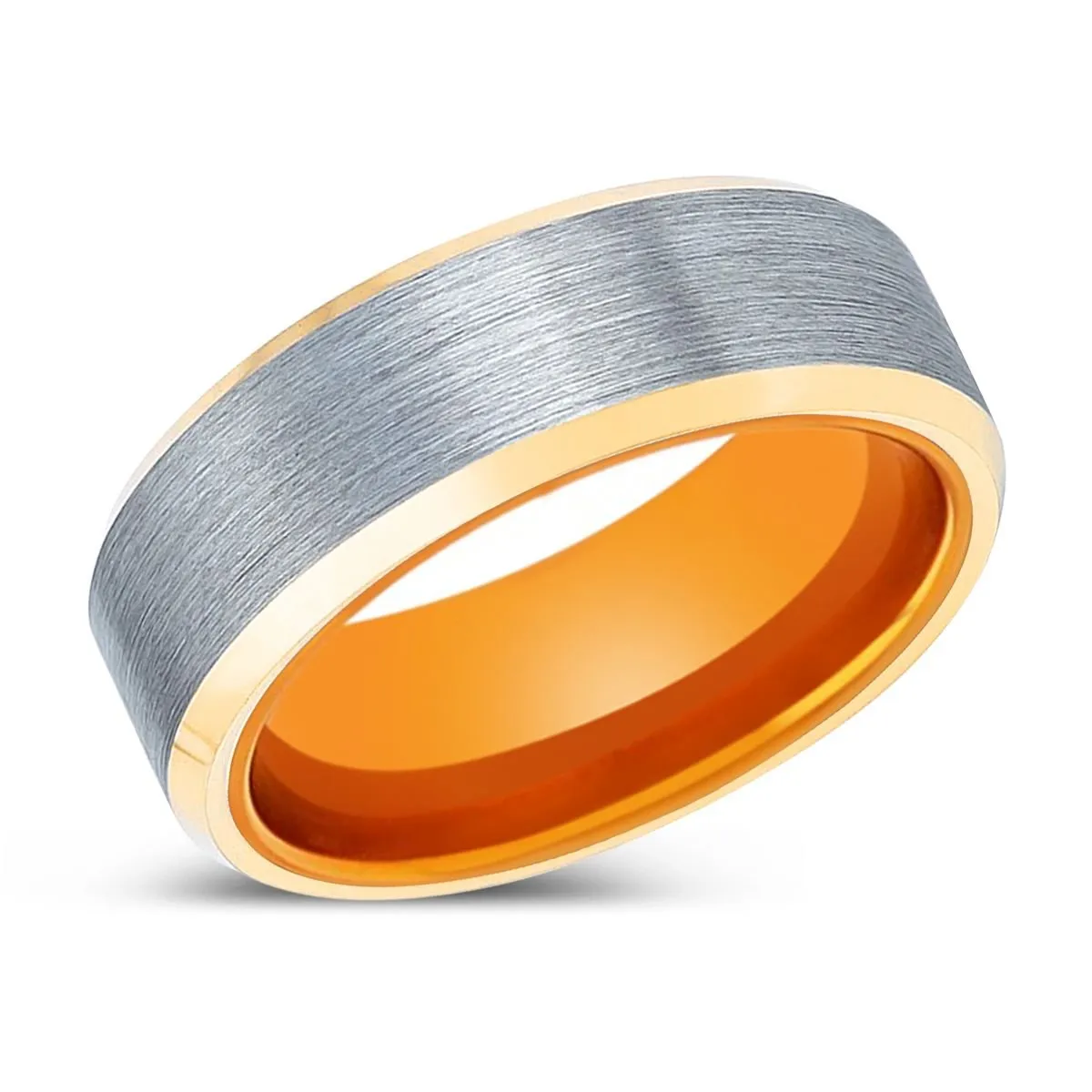 INFERNO | Orange Ring, Brushed, Silver Tungsten Ring, Gold Beveled Edges