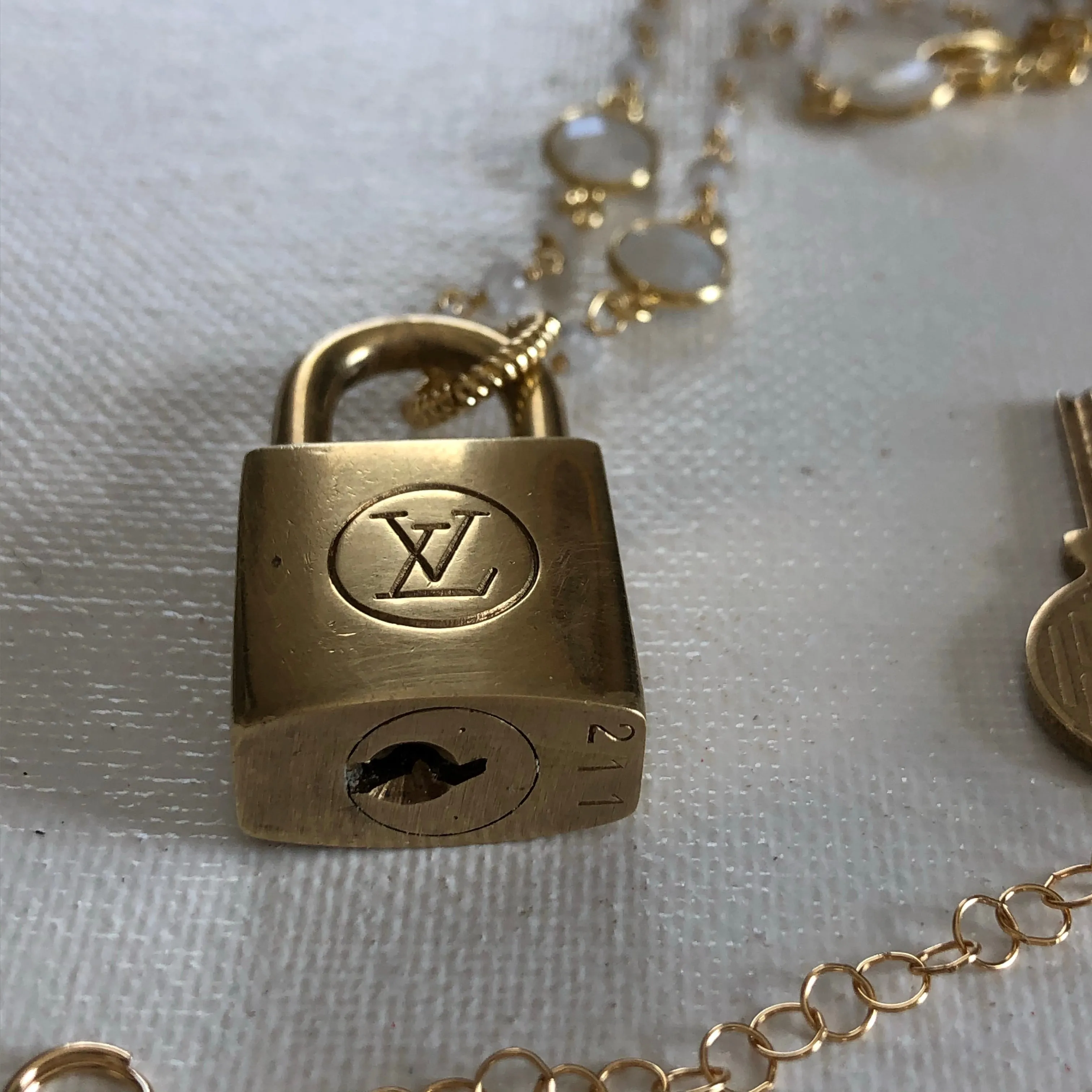 Key to My Heart Brass Padlock on Moonstone Chain