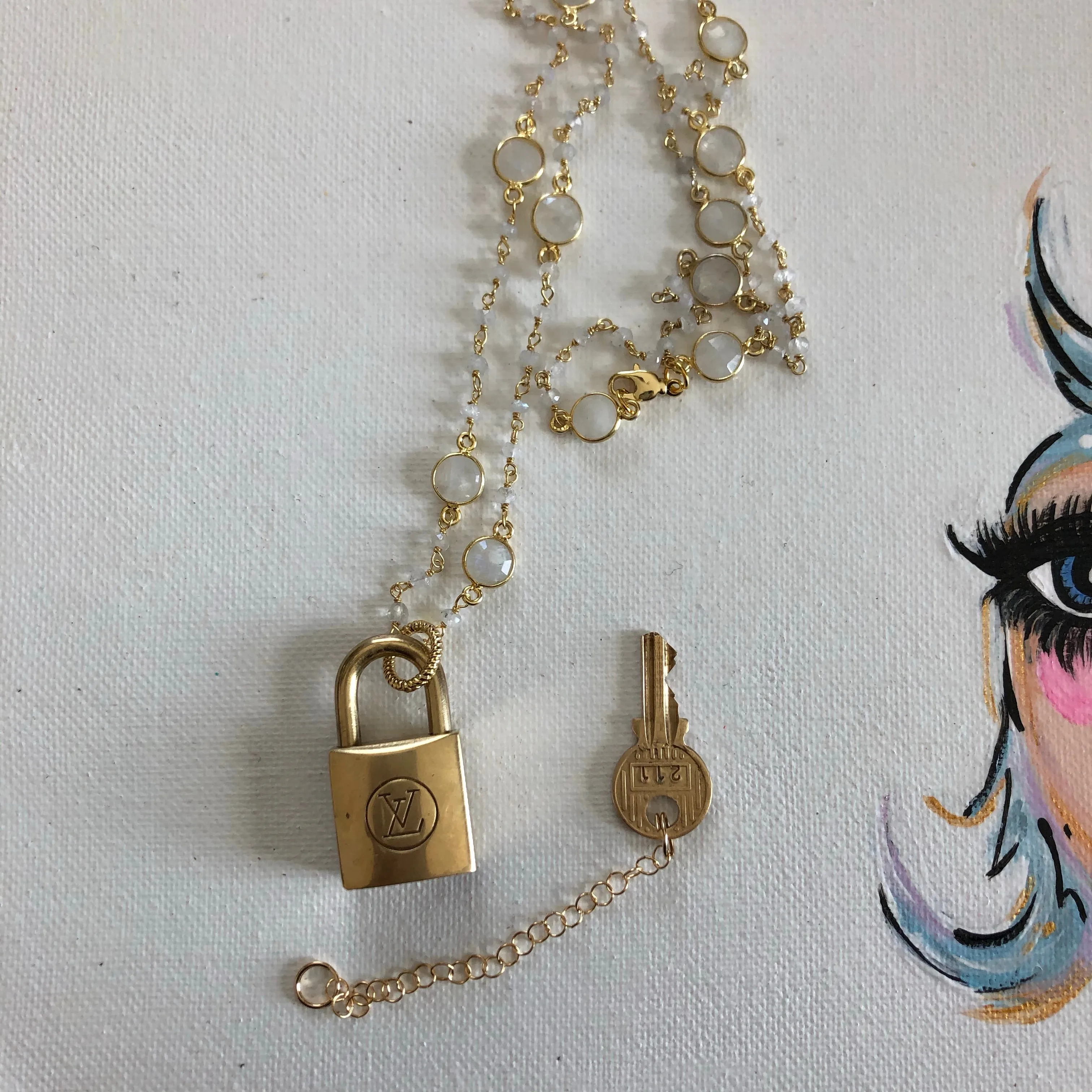 Key to My Heart Brass Padlock on Moonstone Chain