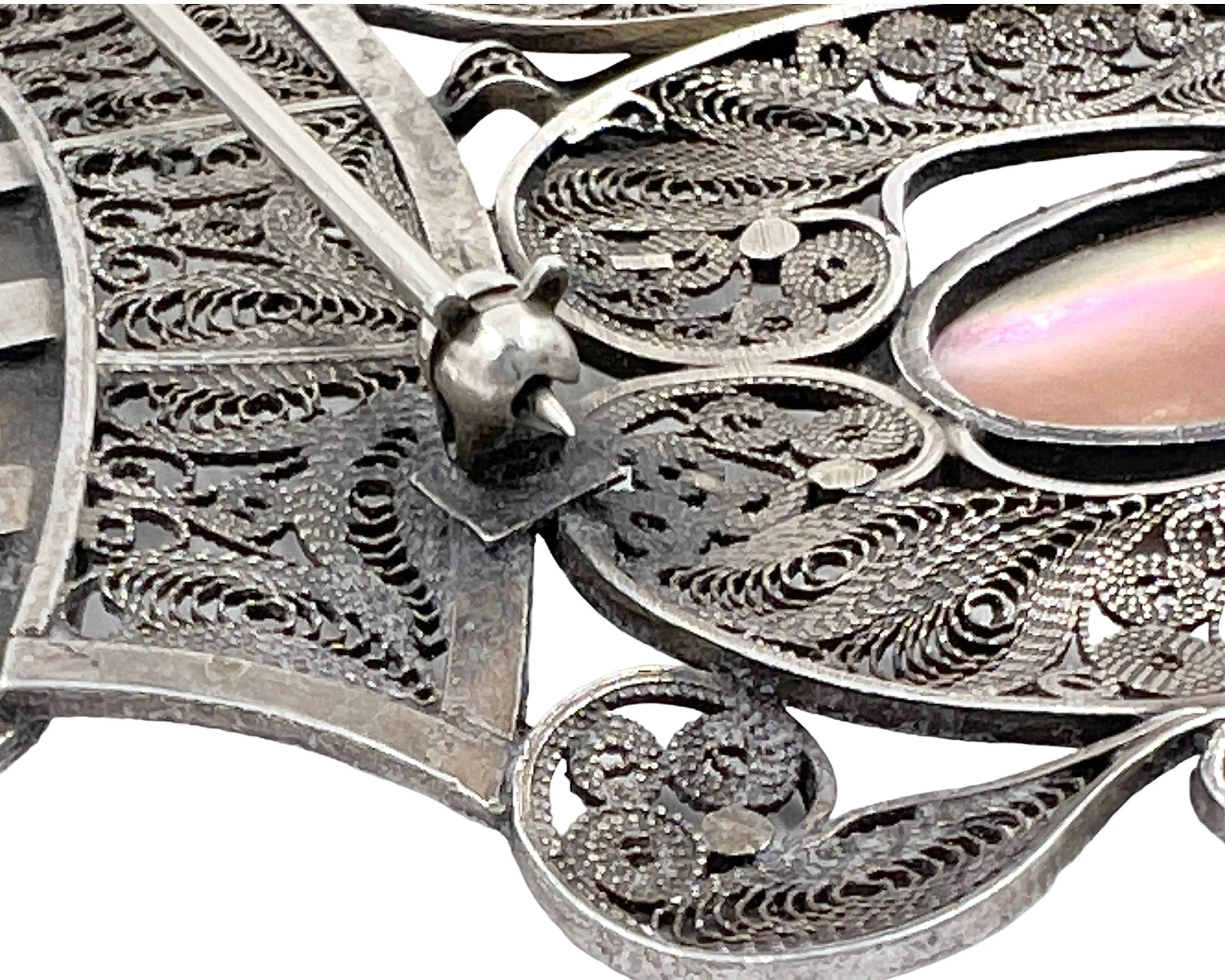 Large Vintage Silver Filigree Brooch w Abalone Drops Egyptian North African 4.13 - VFG