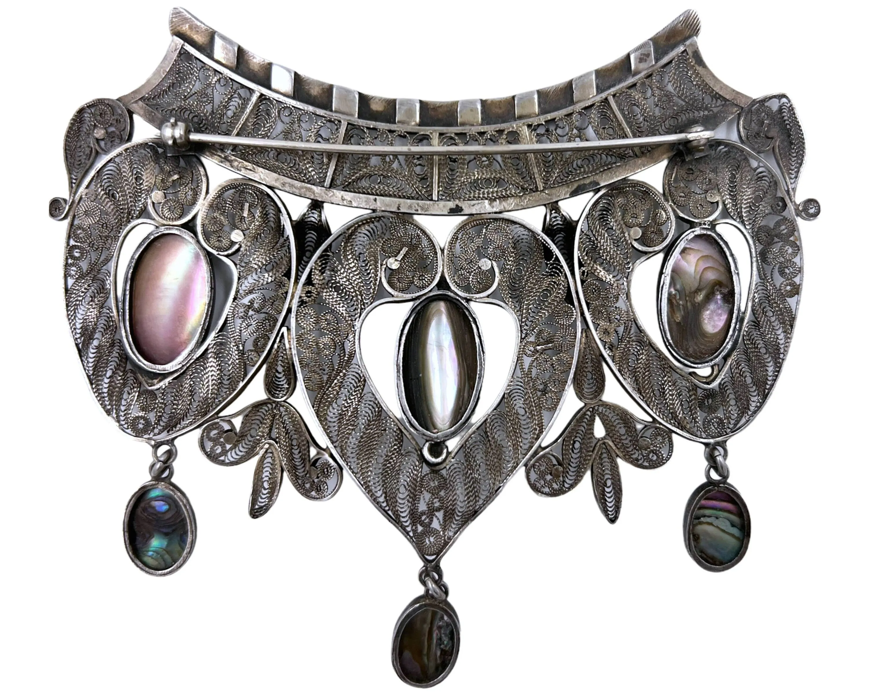 Large Vintage Silver Filigree Brooch w Abalone Drops Egyptian North African 4.13 - VFG