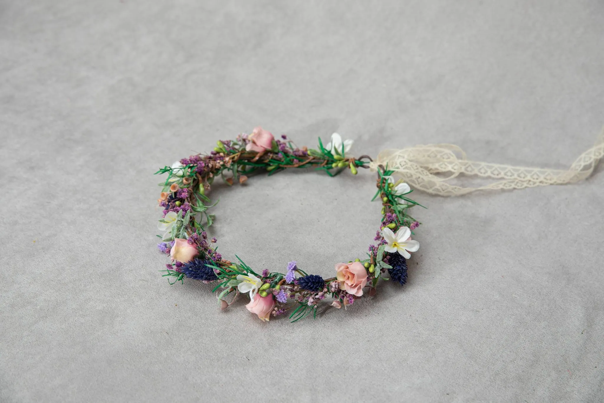 Meadow flower hair wreath Bridal flower crown with roses Hair flowers Bridal hairstyle inspo Navy and peach flower hair wreath Wildflowers