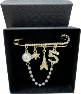 No.5 Gold Crystal Embellished Charm Brooch In Gift Box One Size