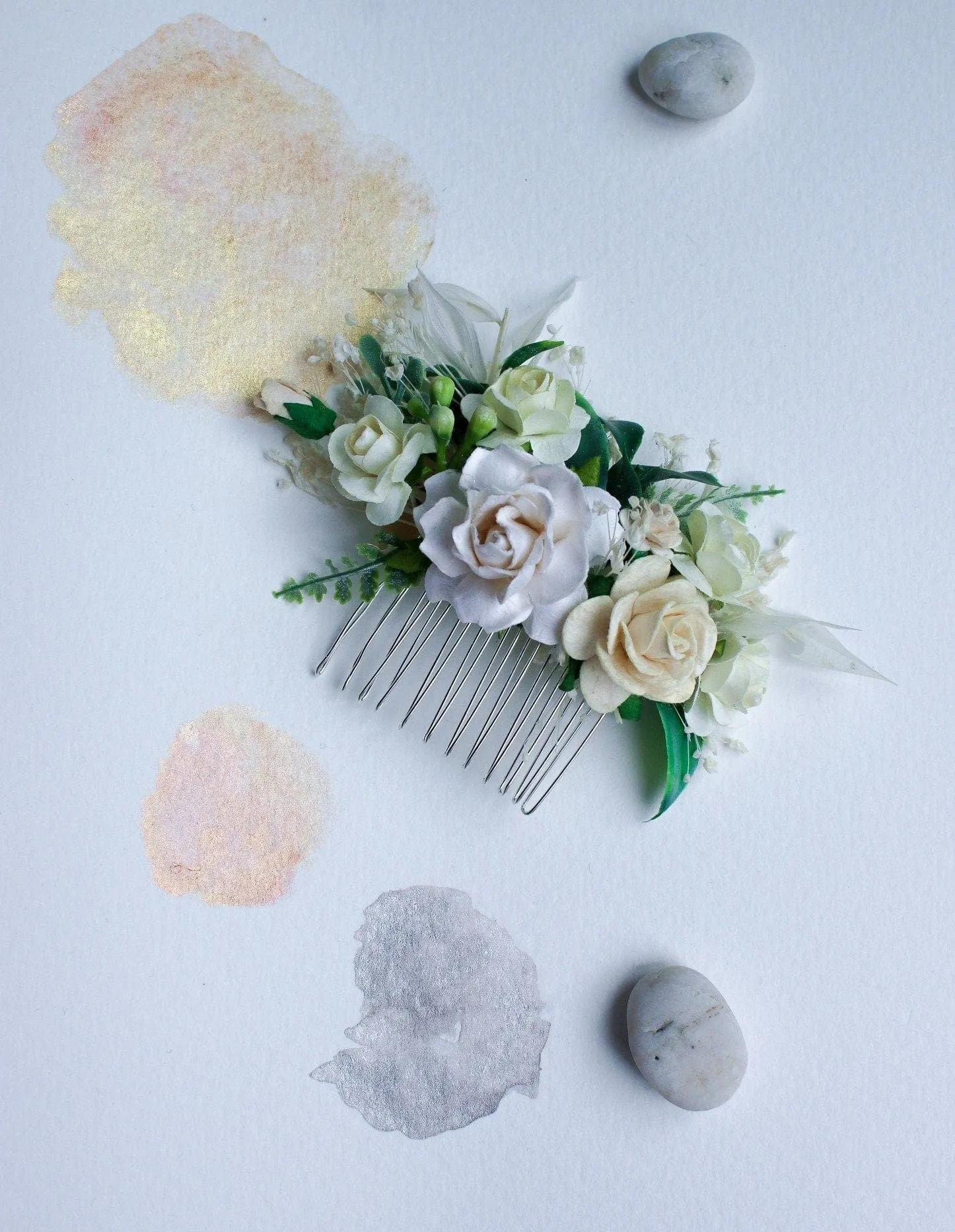 Off White, Cream Mulberry Paper Rose Wedding Comb, Bridal Hair Comb