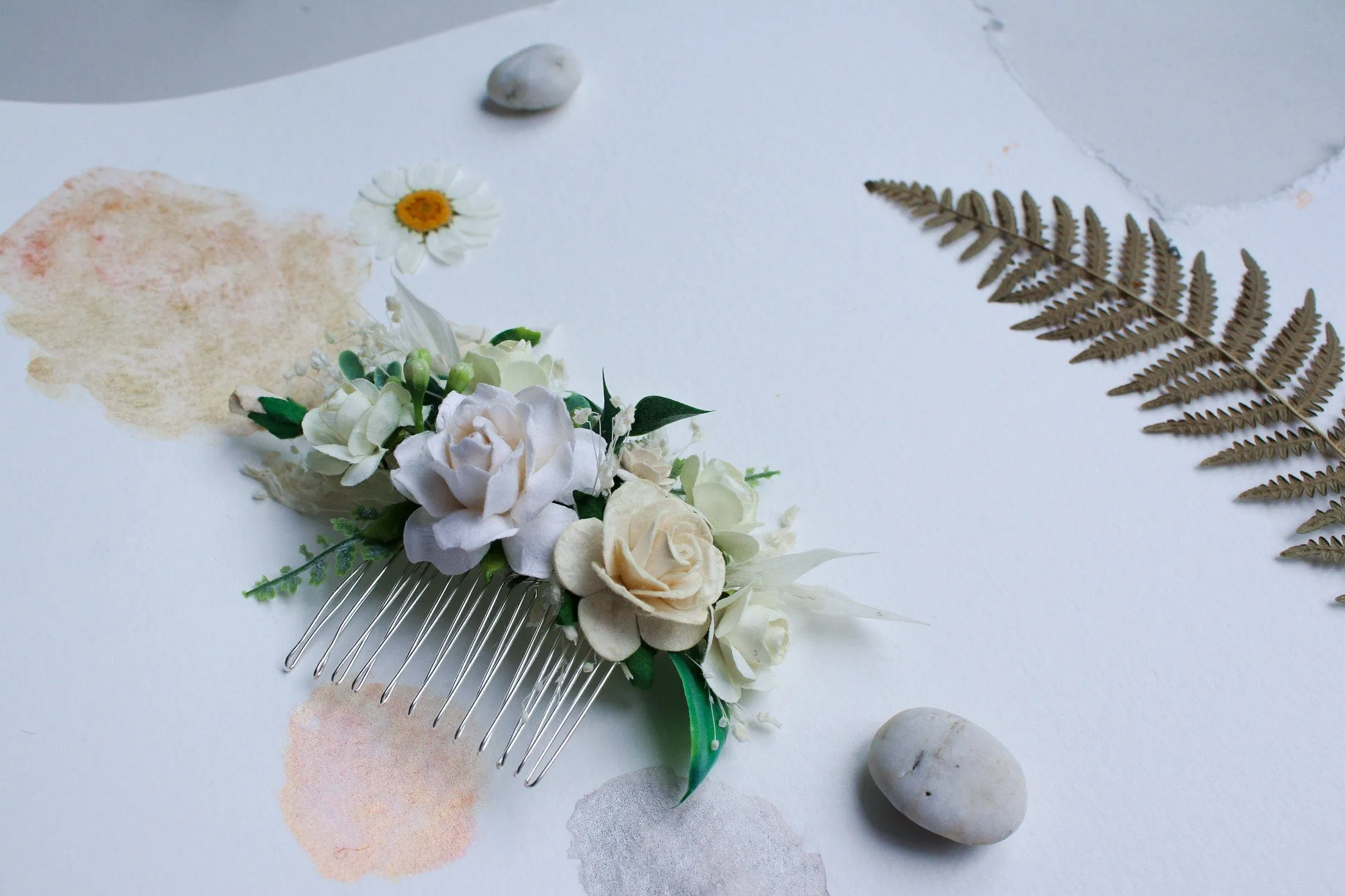 Off White, Cream Mulberry Paper Rose Wedding Comb, Bridal Hair Comb