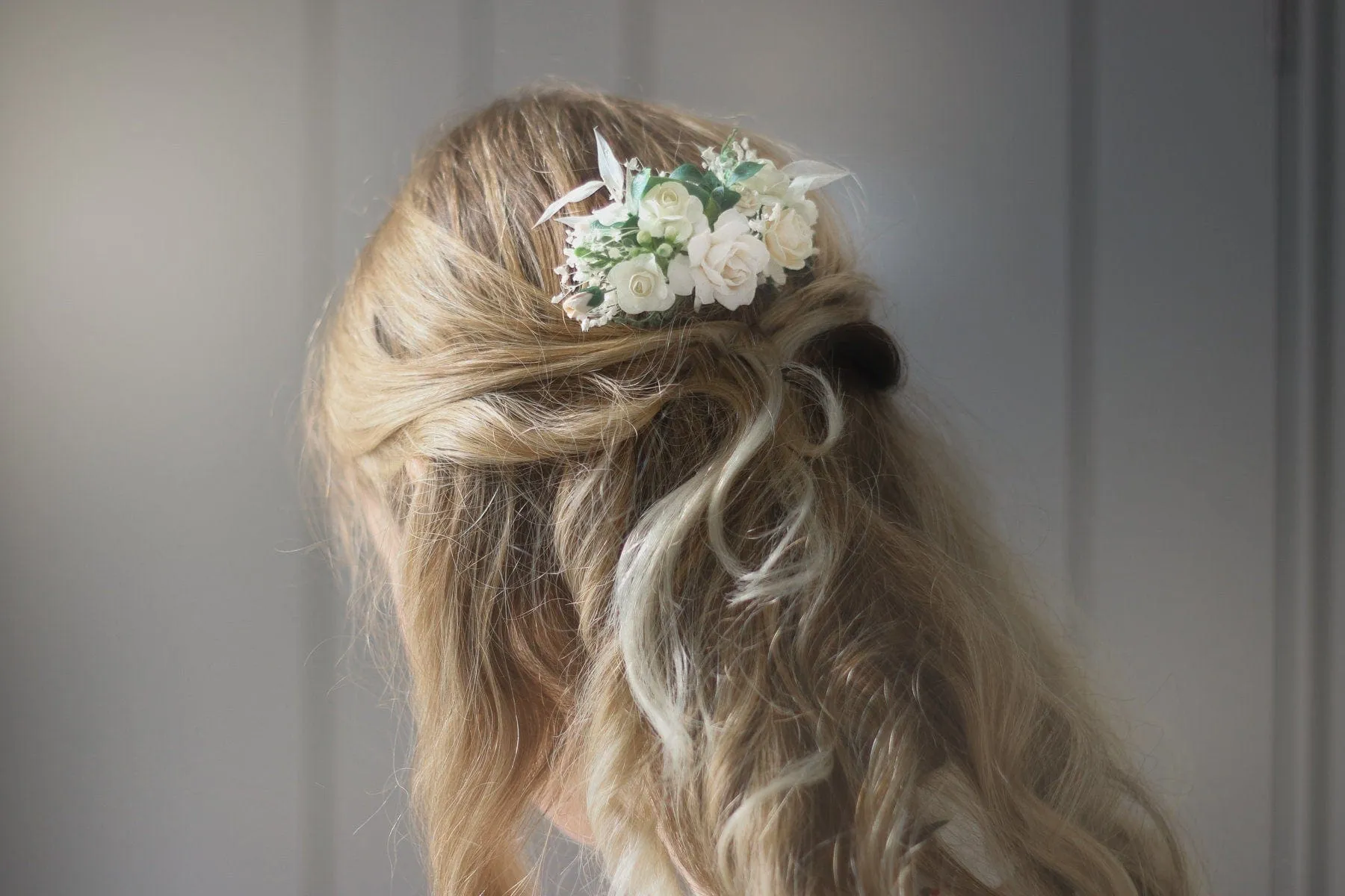 Off White, Cream Mulberry Paper Rose Wedding Comb, Bridal Hair Comb