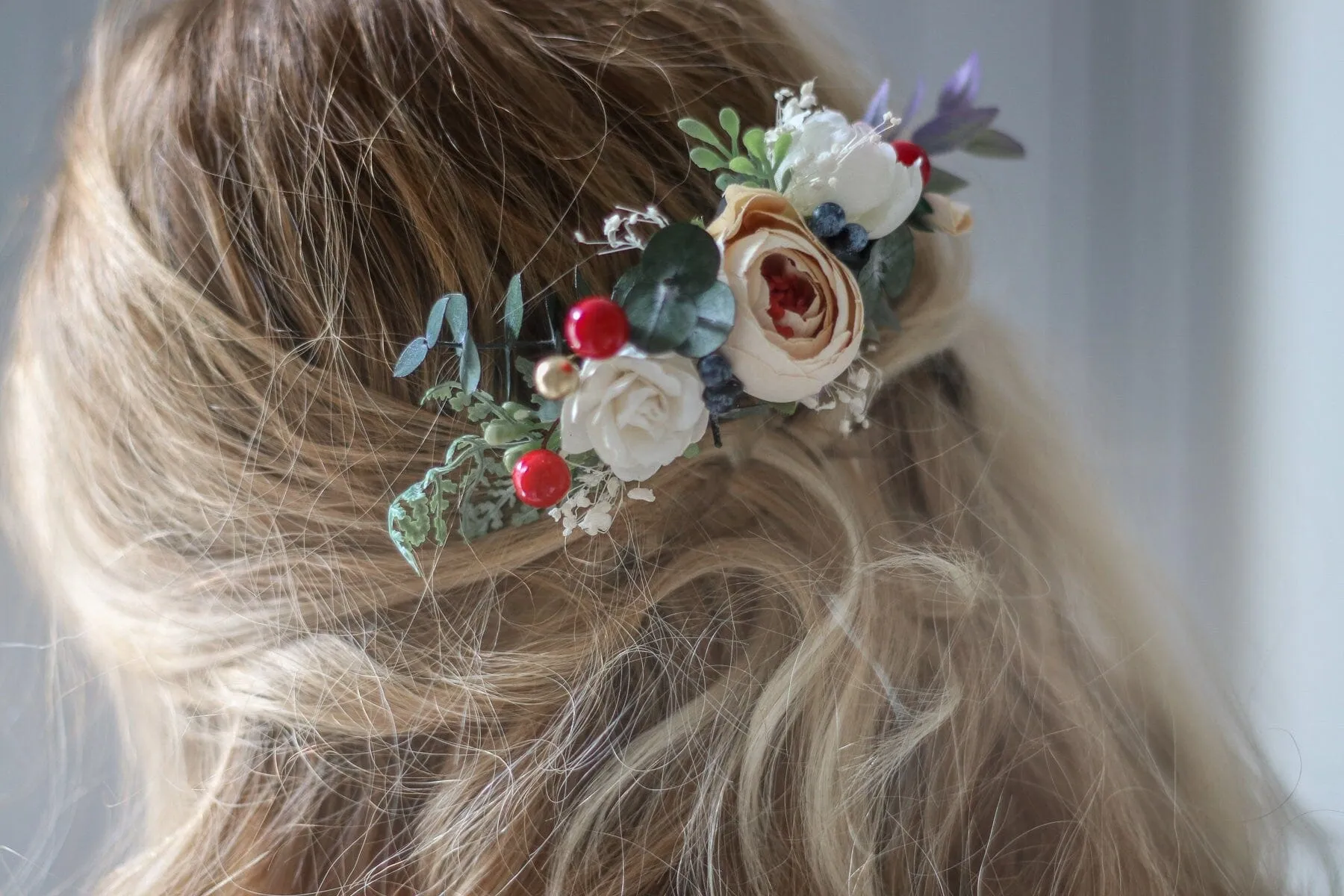 Peach Peony Bridal Comb with White Mulberry Paper Roses, Wedding Comb, Boho Bridal Comb