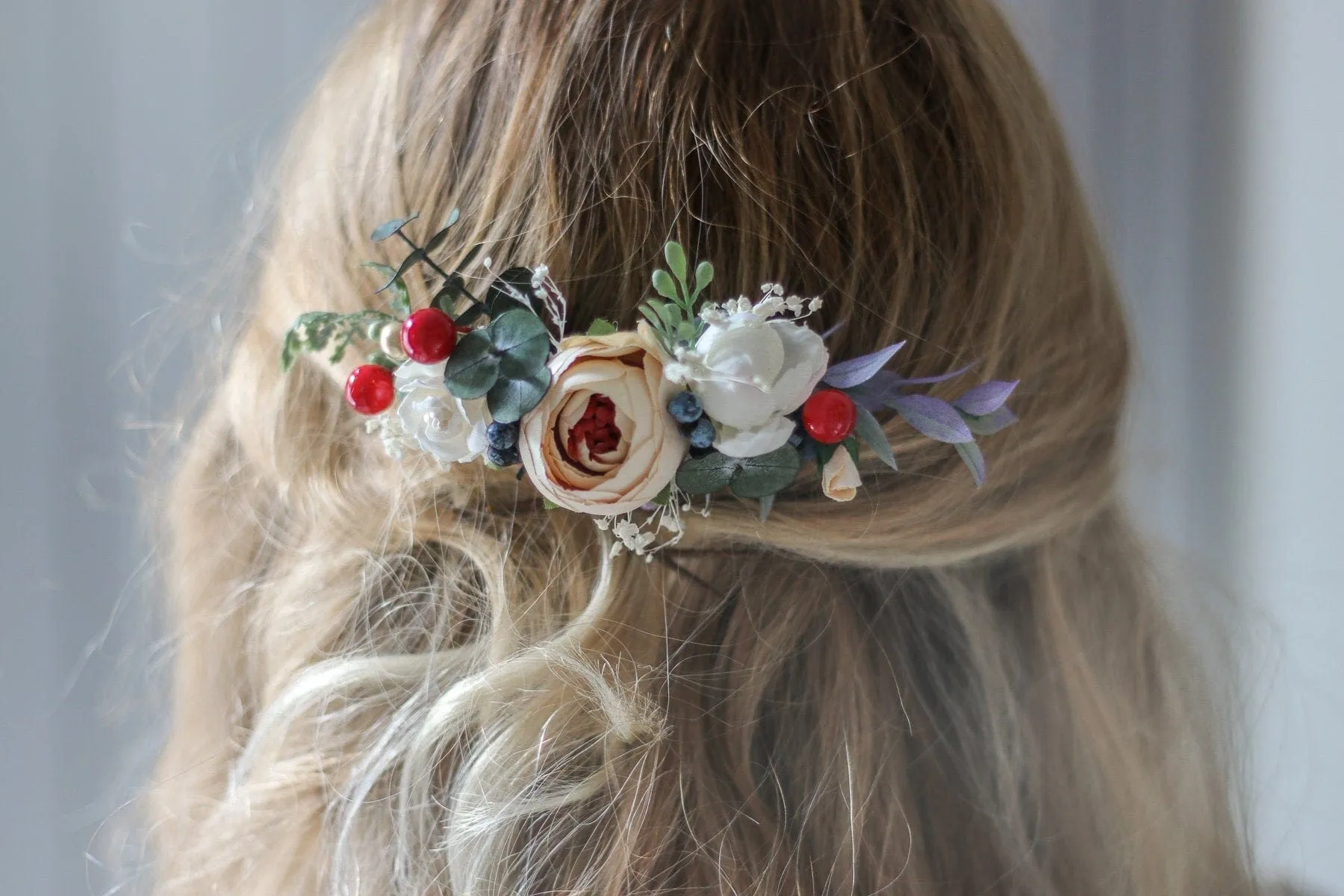 Peach Peony Bridal Comb with White Mulberry Paper Roses, Wedding Comb, Boho Bridal Comb