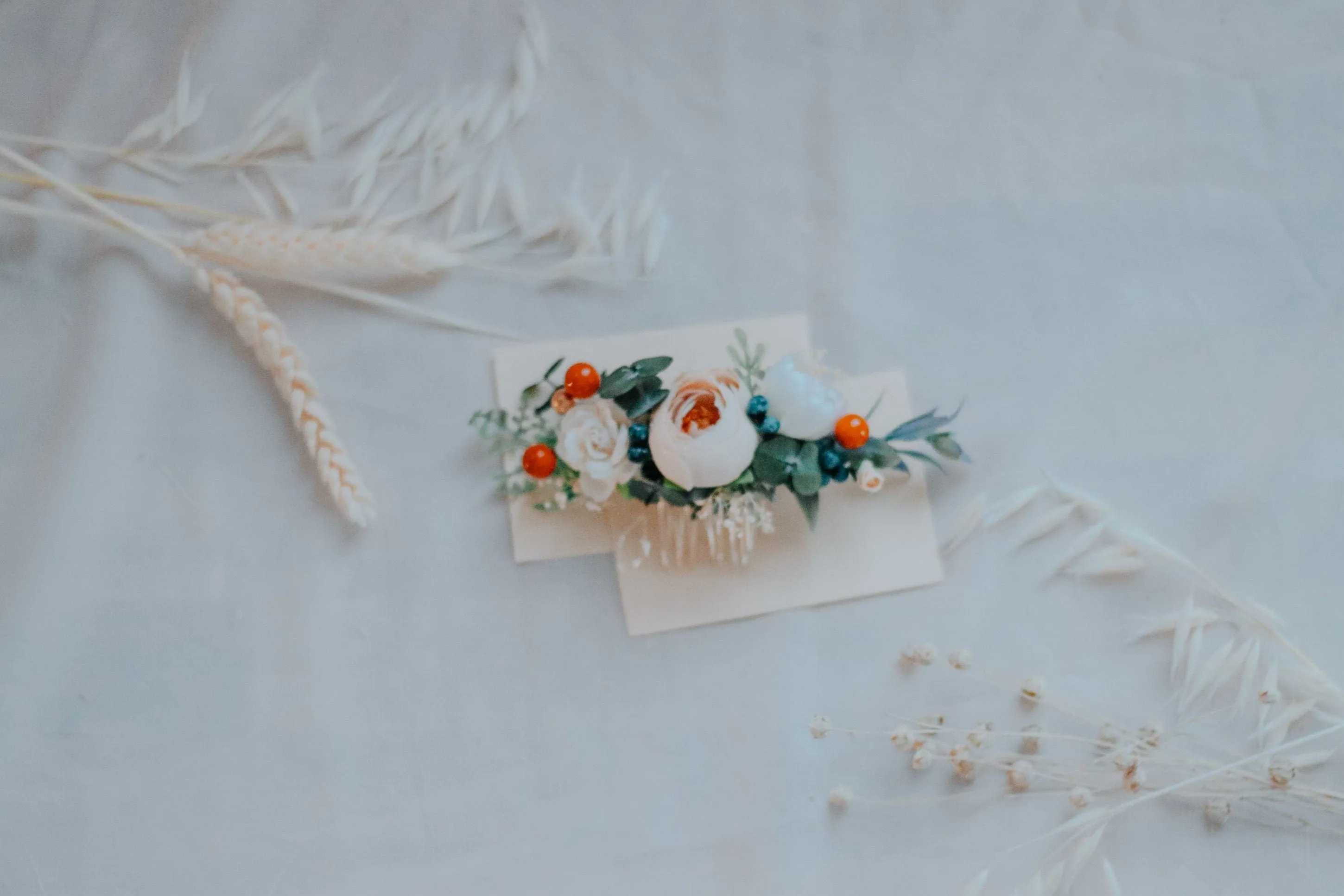 Peach Peony Bridal Comb with White Mulberry Paper Roses, Wedding Comb, Boho Bridal Comb