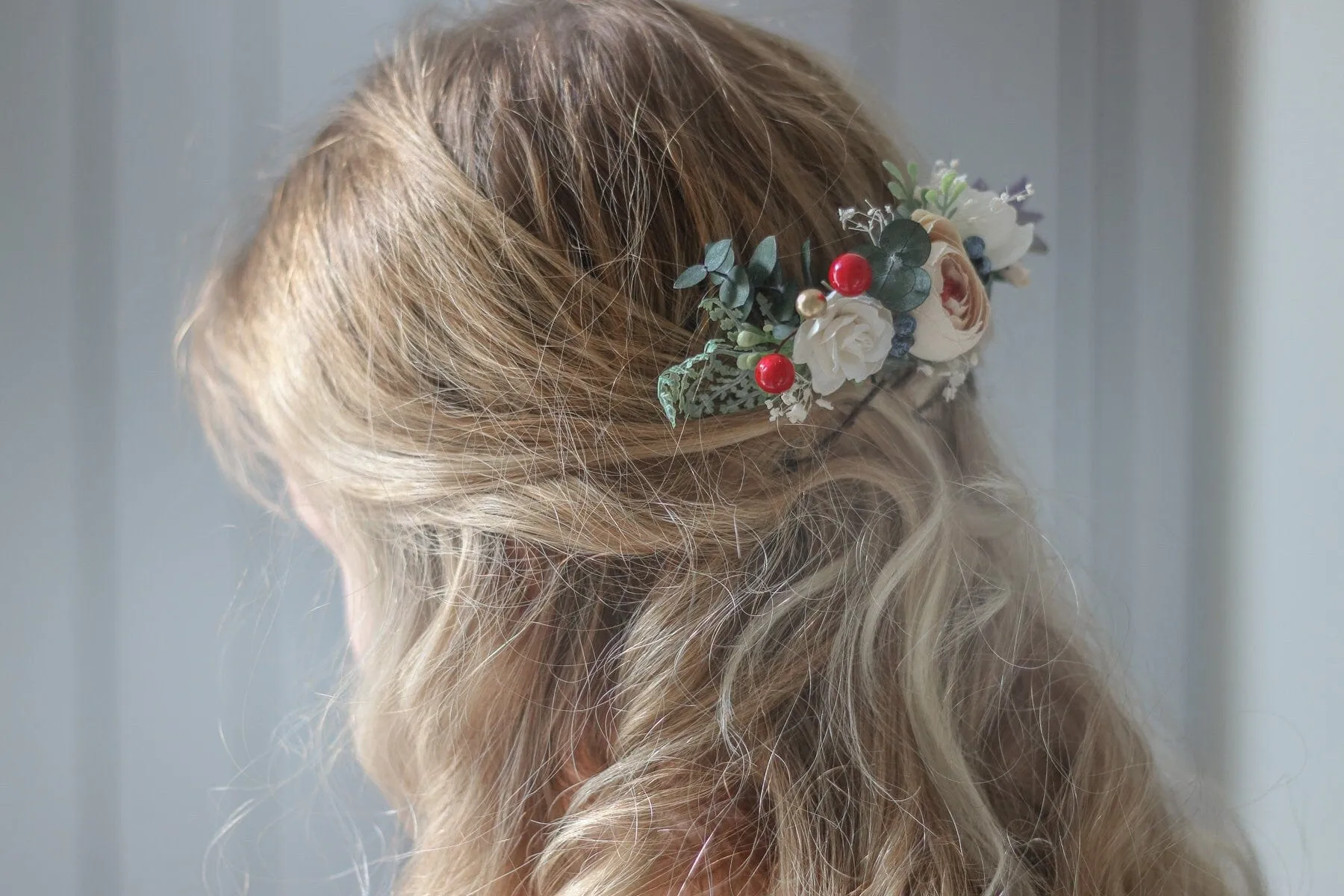 Peach Peony Bridal Comb with White Mulberry Paper Roses, Wedding Comb, Boho Bridal Comb
