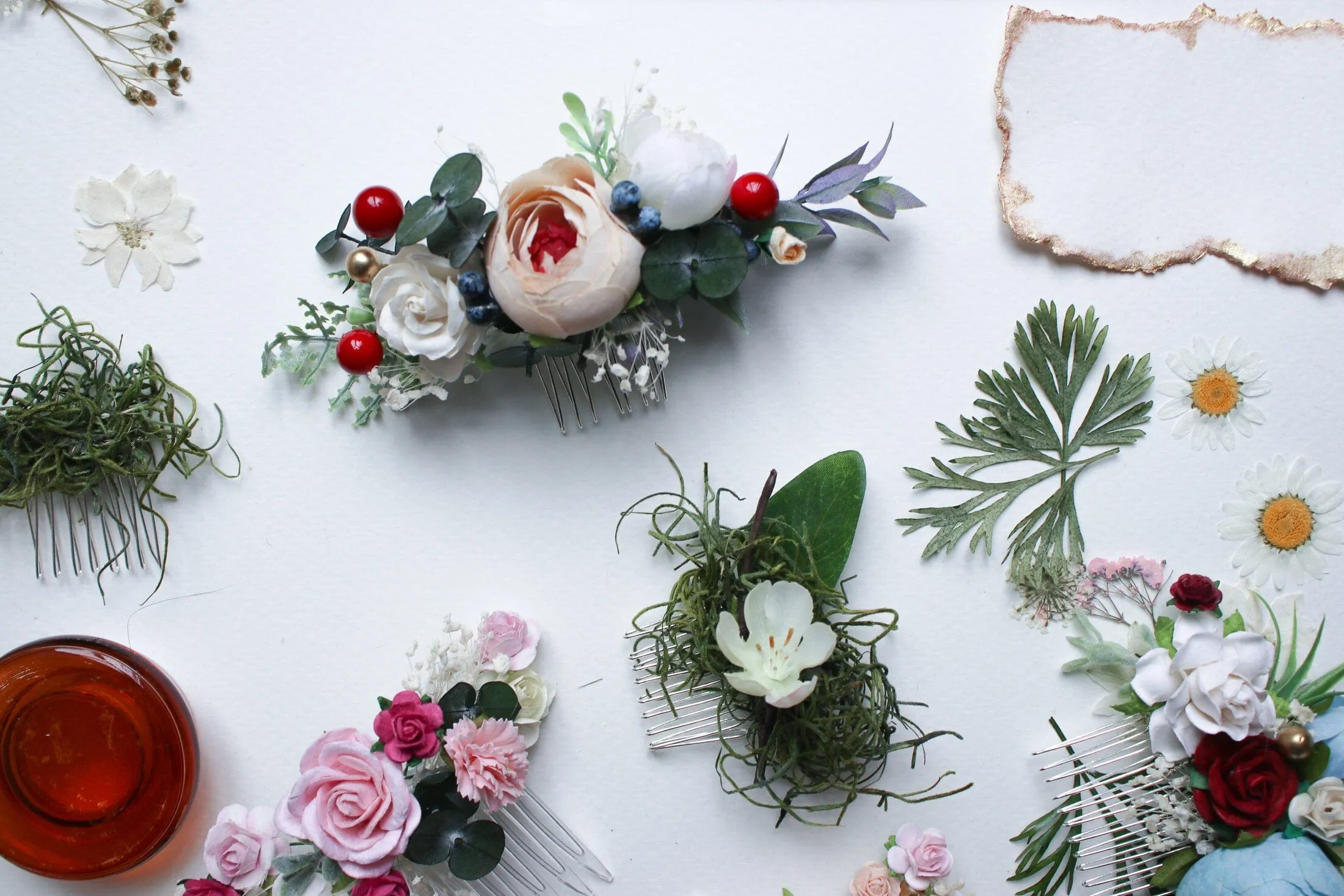 Peach Peony Bridal Comb with White Mulberry Paper Roses, Wedding Comb, Boho Bridal Comb