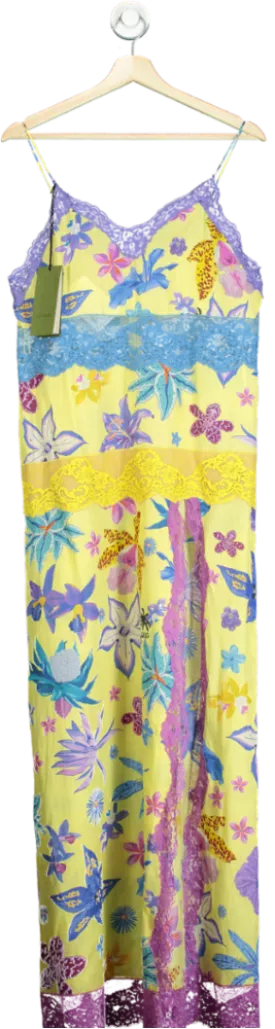 PIC ? Gucci Yellow Floral Lace Trim Maxi Dress UK 8