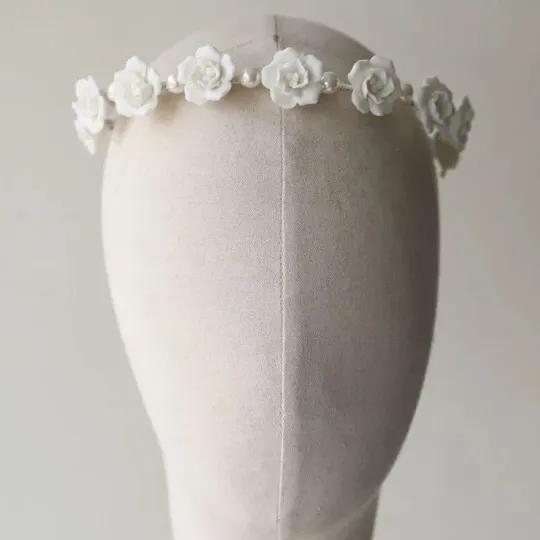 Roselle White Ceramic Floral Pearl Headband