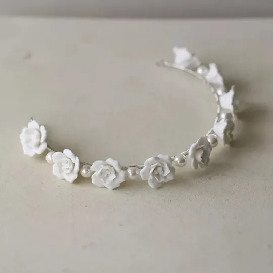 Roselle White Ceramic Floral Pearl Headband
