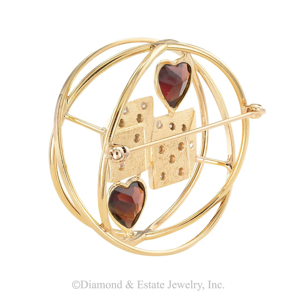 Ruser Garnet Diamond Yellow Gold Dice Brooch