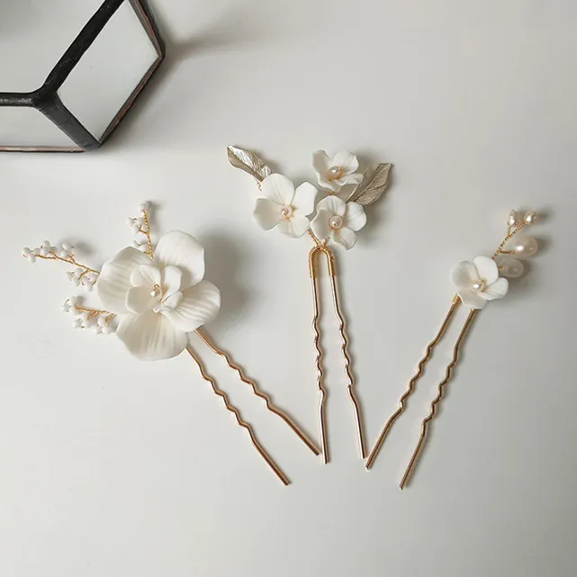 Simona Ceramic Pearl Floral Comb   Pins Set
