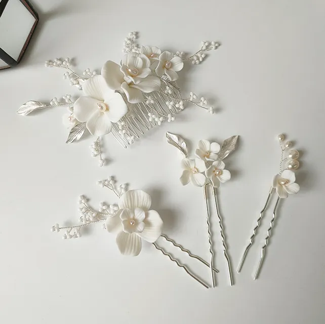 Simona Ceramic Pearl Floral Comb   Pins Set
