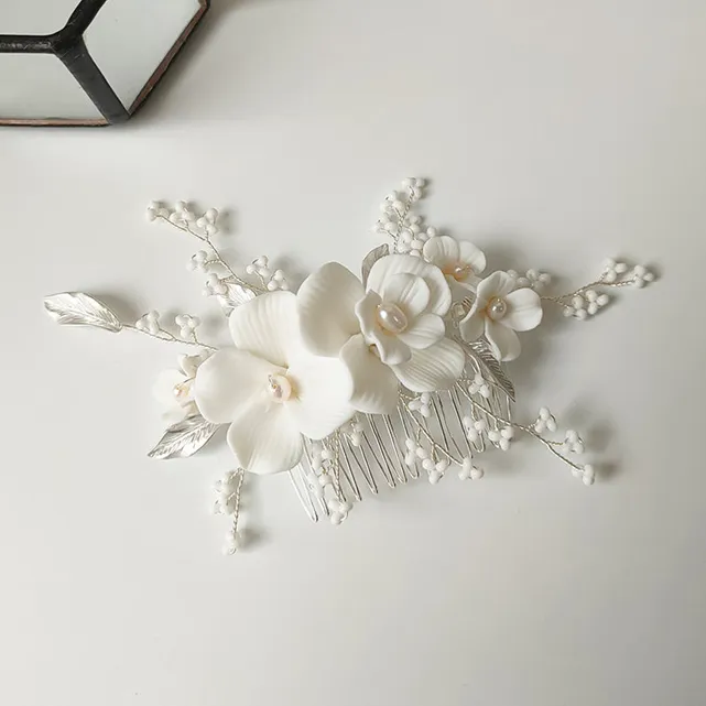 Simona Ceramic Pearl Floral Comb   Pins Set