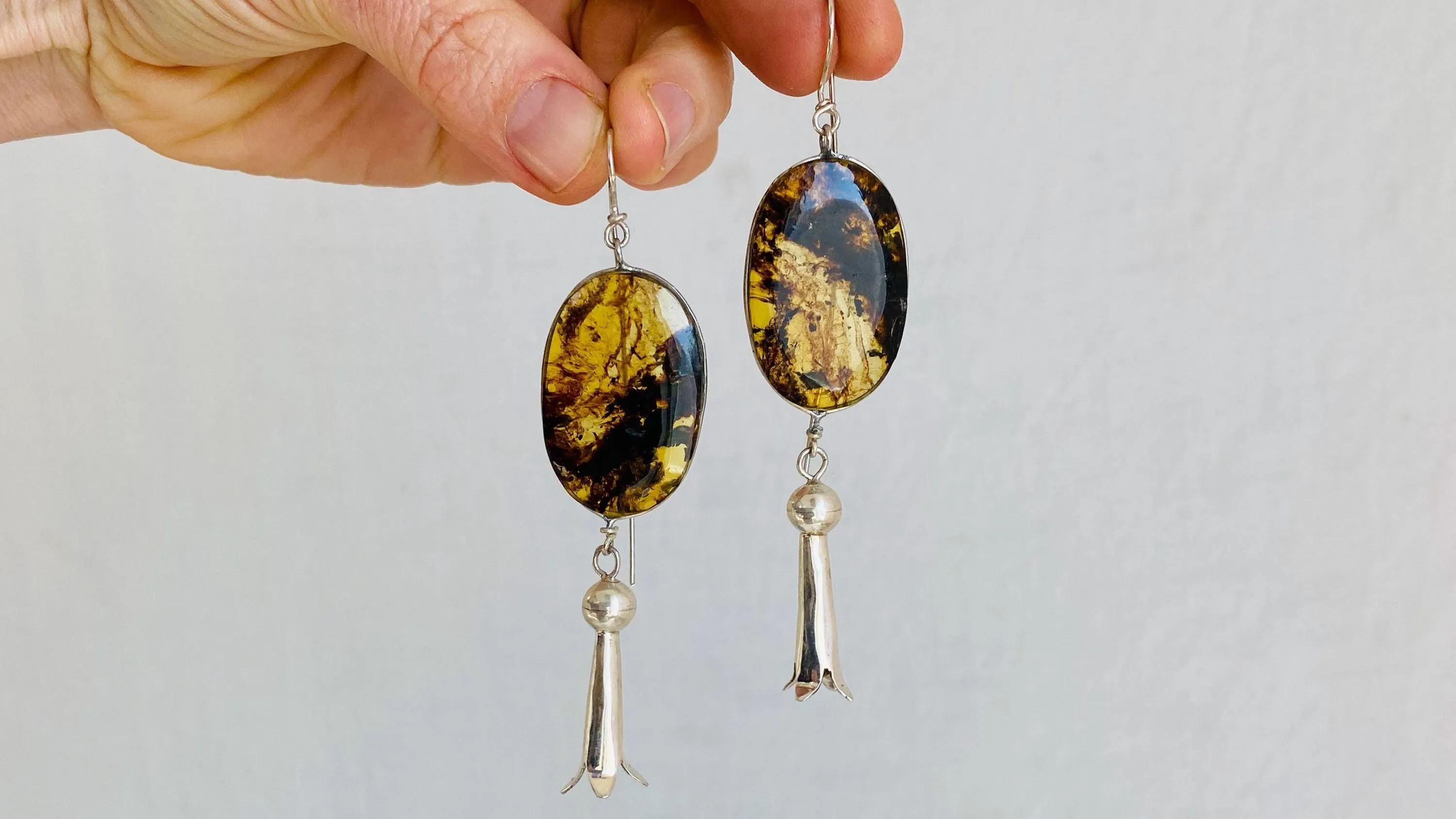 Squash Blossom Amber & Sterling Silver Earrings. 1212