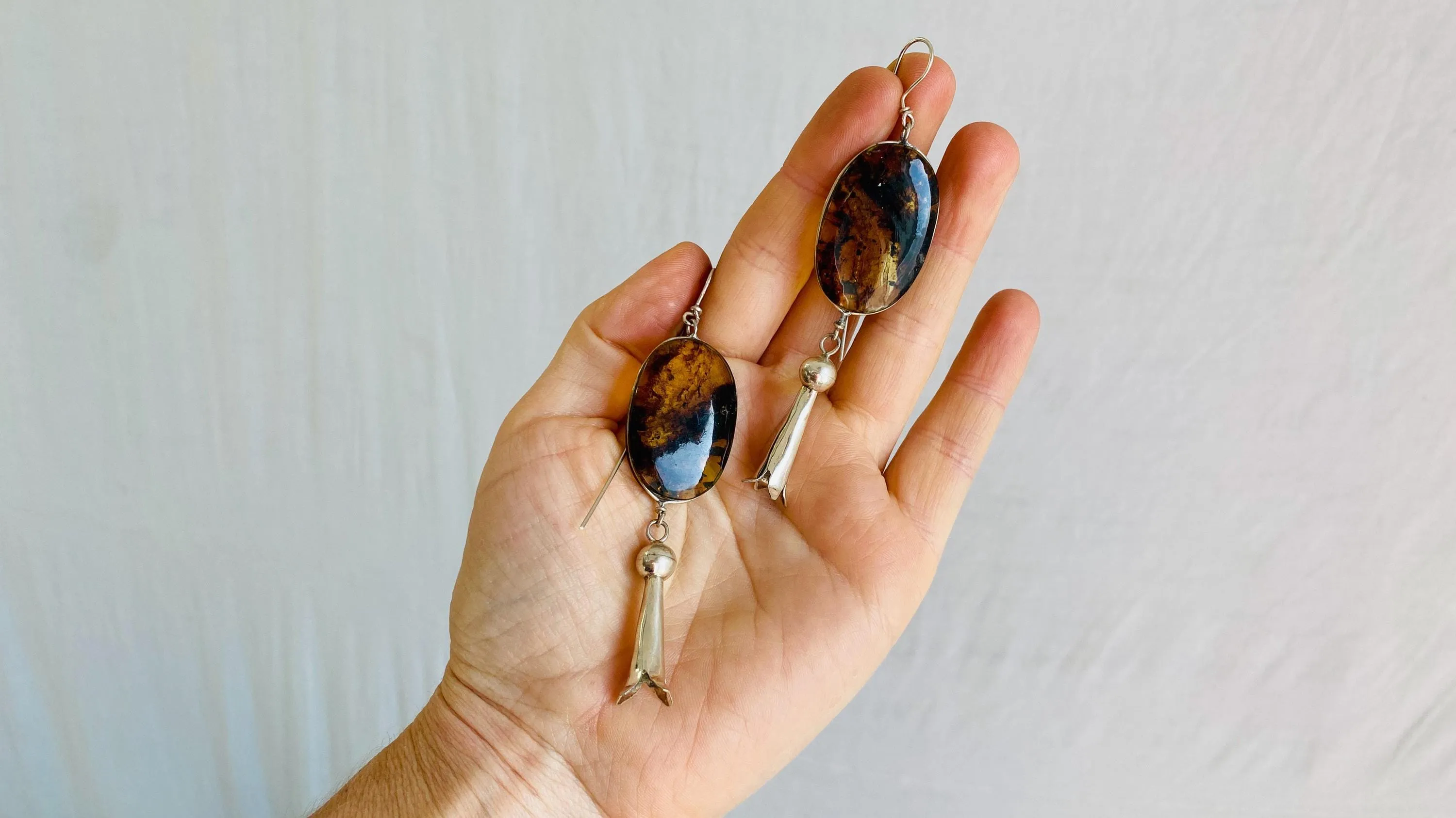 Squash Blossom Amber & Sterling Silver Earrings. 1212