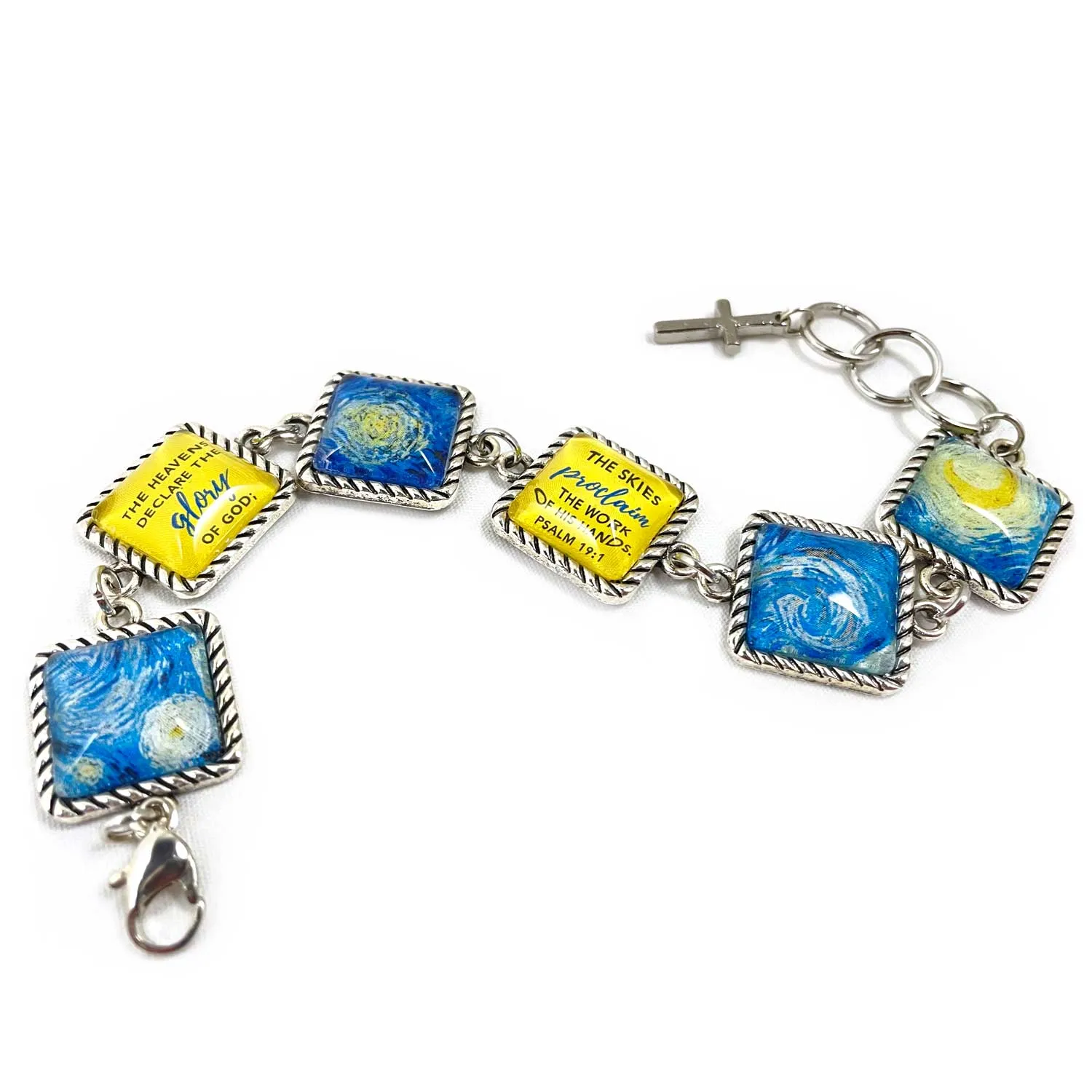 Van Gogh Starry Night Psalm 19 Scripture Bracelet – Square Antique Silver Twist Edge Design