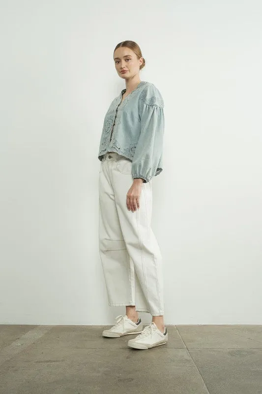 Waitlist 11/11 ♥ Julie Long Ballon Sleeve Button Down Embroidered Denim Top Light Wash