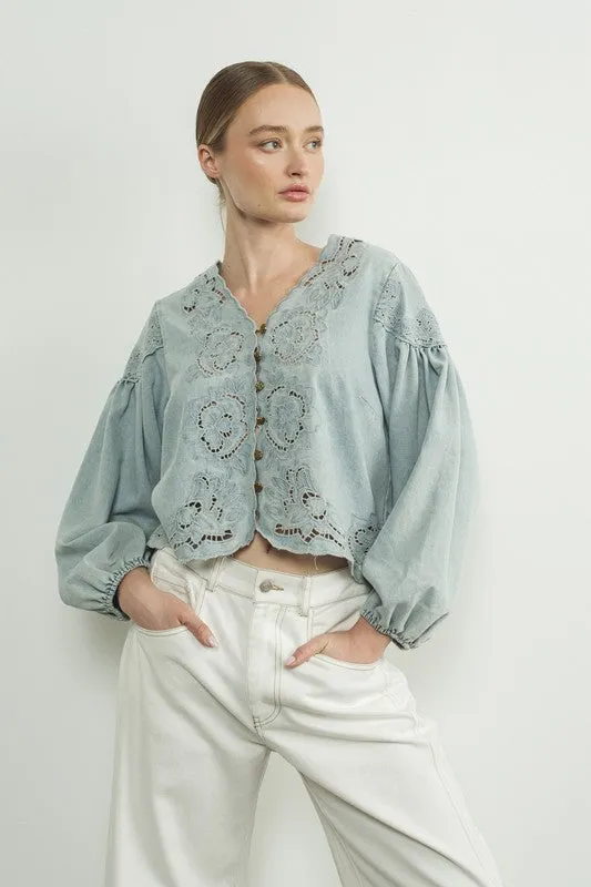 Waitlist 11/11 ♥ Julie Long Ballon Sleeve Button Down Embroidered Denim Top Light Wash