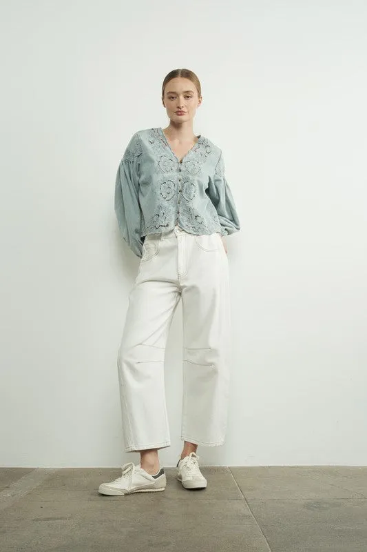 Waitlist 11/11 ♥ Julie Long Ballon Sleeve Button Down Embroidered Denim Top Light Wash